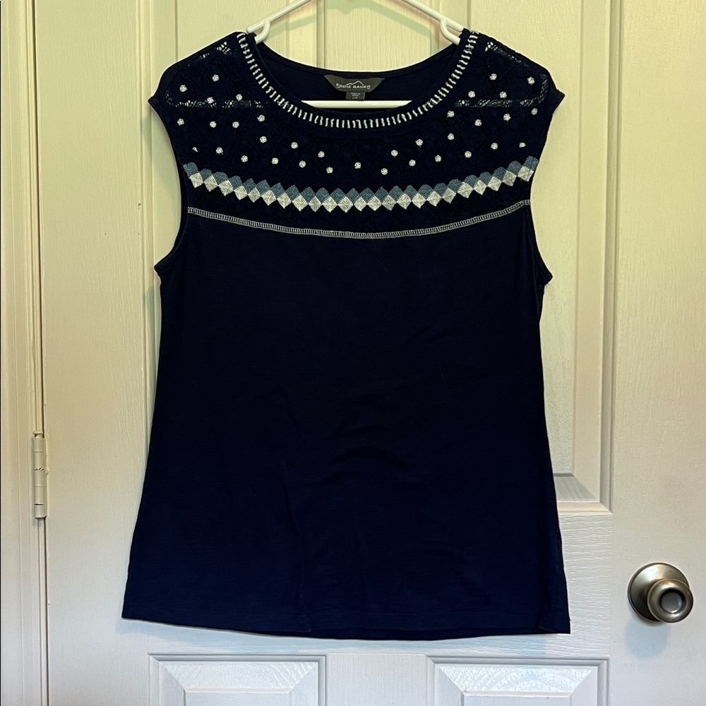 Eddie Bauer Navy Blue Tank Top with Embroidered Geometric Design